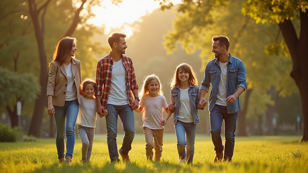 Wide angle view of a vibrant family gathering in a park