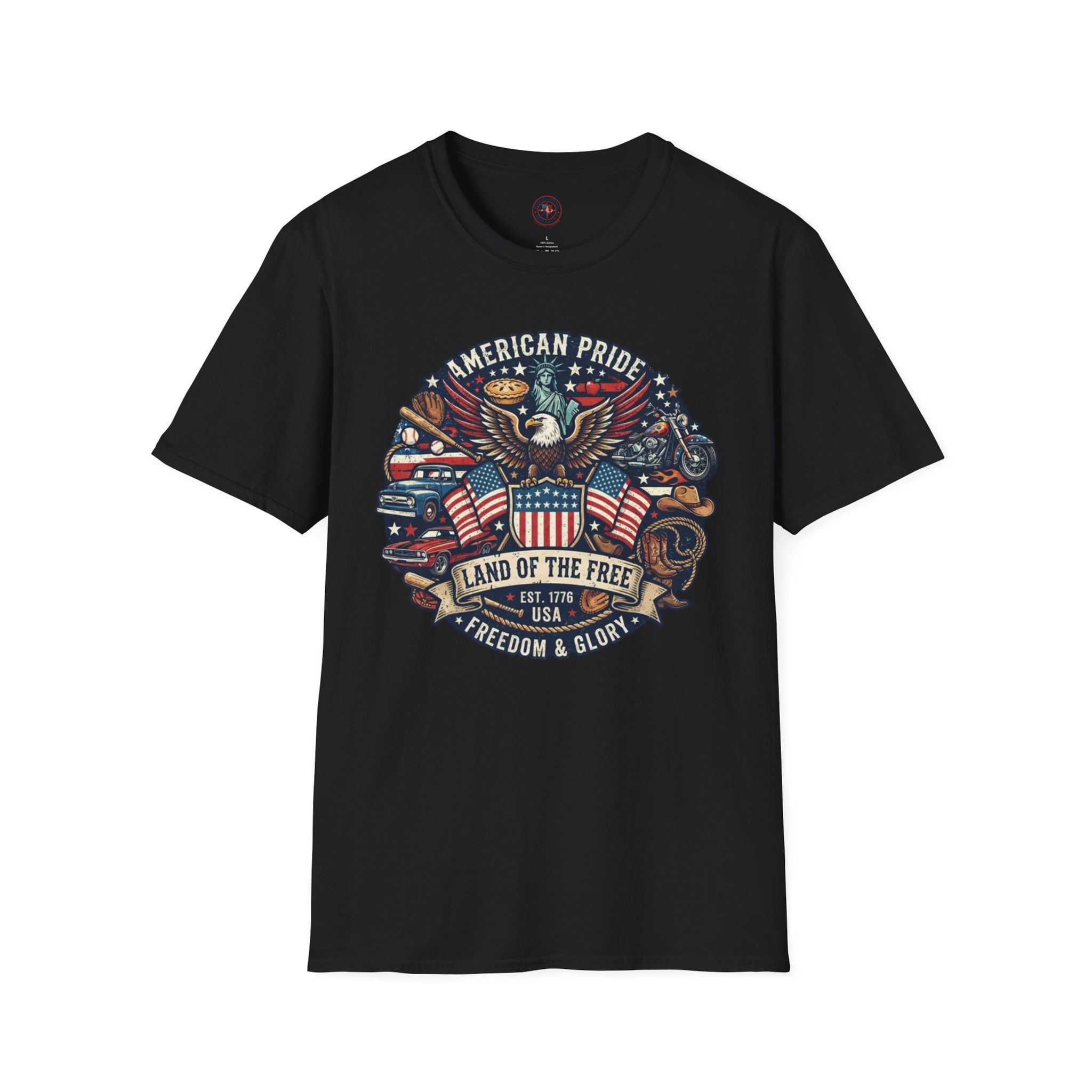 Patriotic T-Shirt — "American Pride: Land of the Free" Eagle Shield Design