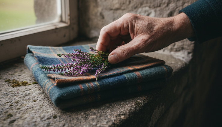 Close-up of a weathered hand holding a sprig of heather beside an old tartan cloth