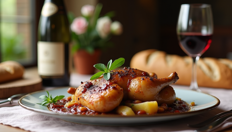 Eye-level view of a rustic French dinner table set with coq au vin and fresh baguette