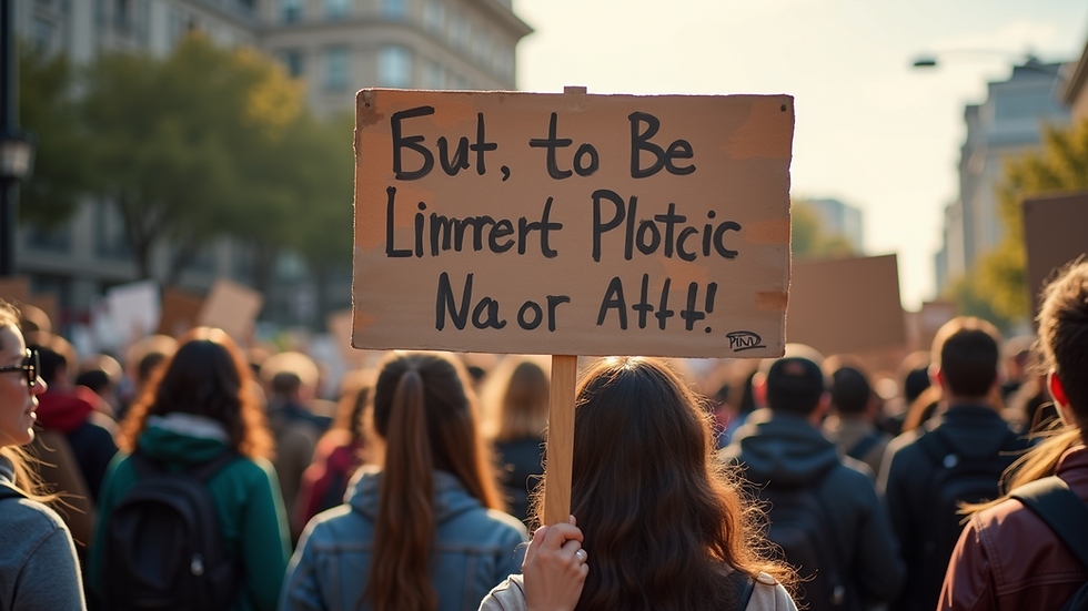 Eye-level view of a protest scene with demonstrators holding signs