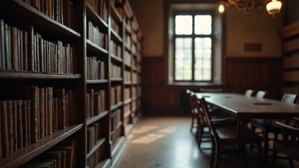 Eye-level view of an old library with classic books on wooden shelves
