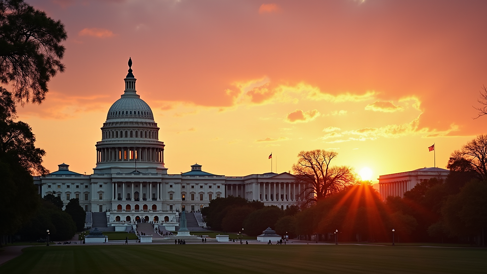 Wide angle view of the U.S. Capitol building at sunset