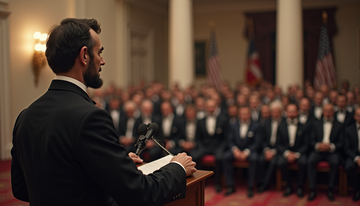 High angle view of Abraham Lincoln delivering a speech during the 1860 presidential campaign
