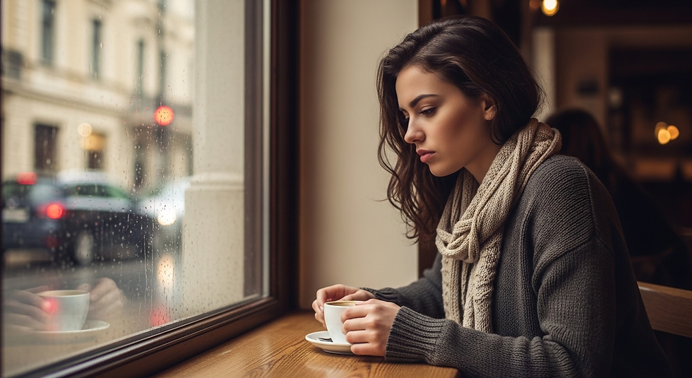 junge Frau im Cafe, regenwetter, unsicherheit