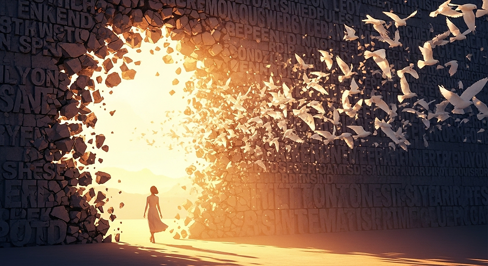 Illustration einer Frau, die die Mauer ihrer eigenen Glaubenssätze durchbricht und ins Licht dahinter tritt