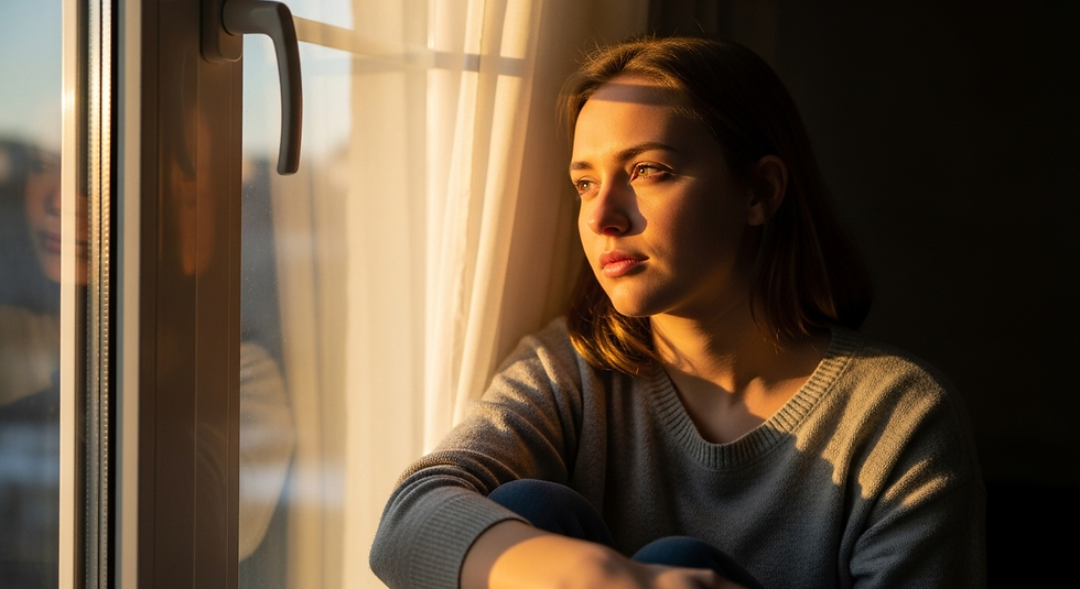 junge Frau sitzt nachdenklich am Fenster, blickt nach draußen, sonnenstrahlen im Gesicht