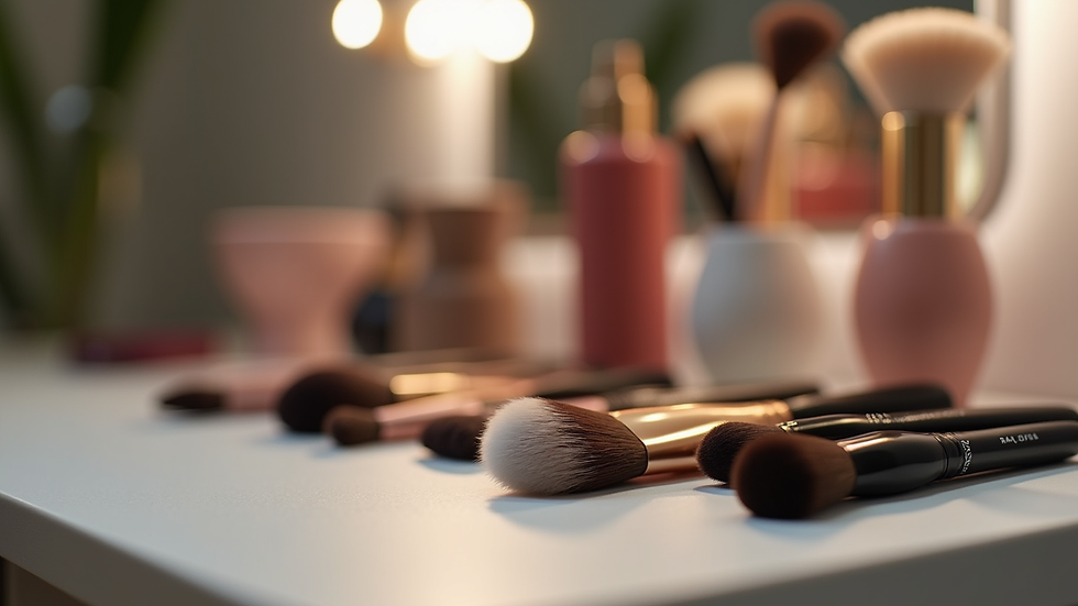 Close-up view of makeup brushes and tools on a vanity