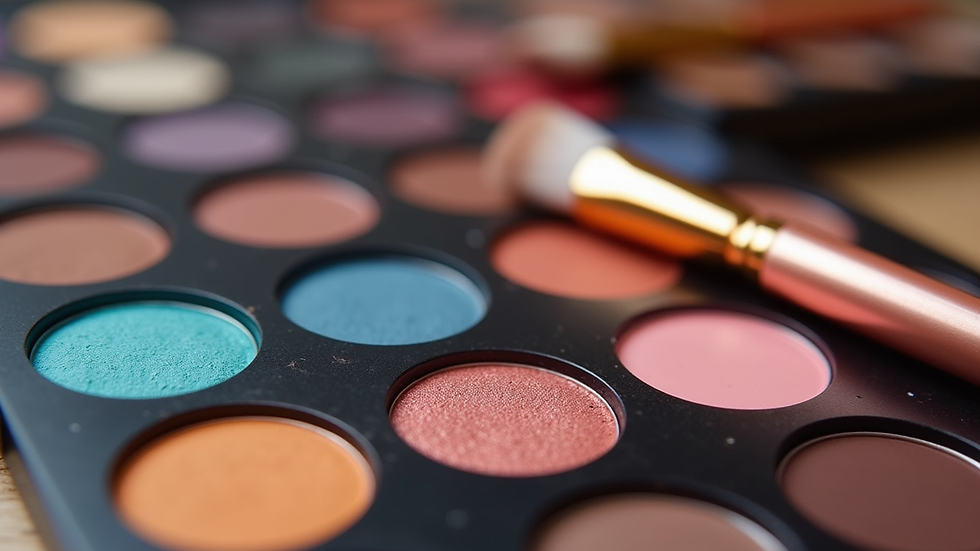 Close-up view of makeup brushes and colorful eyeshadow palette
