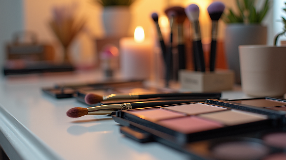 Eye-level view of makeup brushes and palettes arranged neatly on a vanity