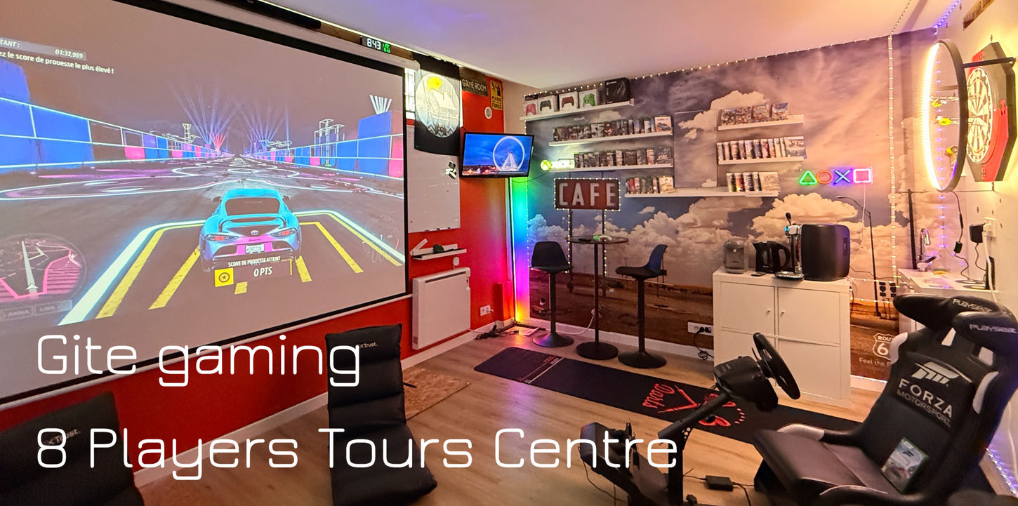 salle gaming next gen avec simulateur de pilotage et cible de fléchette winmau