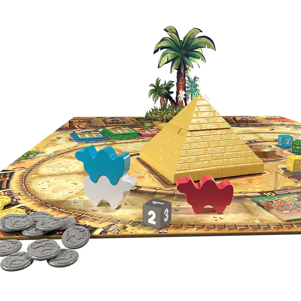 Thumbnail: Board game with camels, pyramid, dice and coins on a map. Camel Up board game