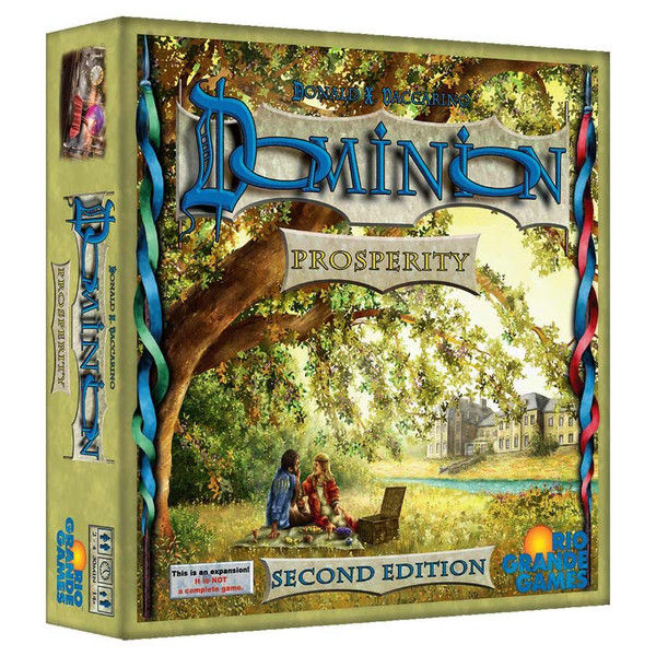 Dominion Prosperity game box with text and imagery, Second Edition, Elevated Board Games