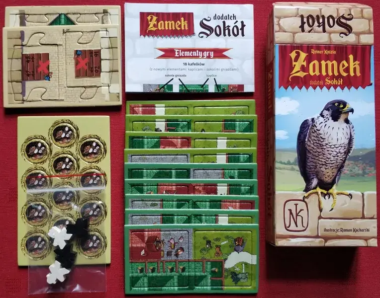 The Falcon Expansion board game is a very small expansion for one of the best Out of Print Carcassonne editions, The Castle. This expansion is so rare, that it was only printed in Poland. Hence, the non-English words on the box. Luckily if somehow you do get your hands on a copy, you can print the English Rules online. In the expansion, the young Prince has developed an interest in falconry, leading to the presence of numerous falcon nests within the castle walls. Additionally, religion has arrived at the castle, introducing the opportunity to construct chapels within its confines. Adds more ways to lay out tiles and build points within the castle walls.