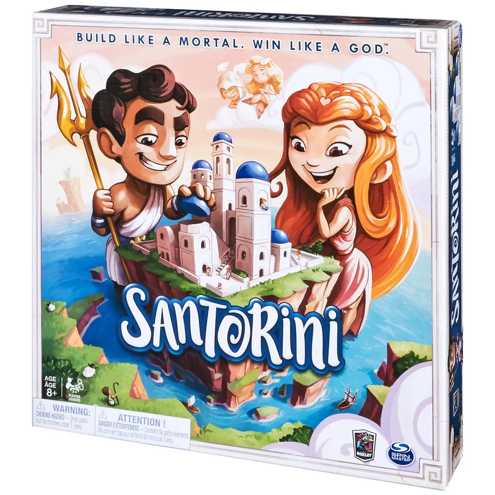 Santorini is a re-imagining of the purely abstract board game. Since its original inception over 30 years ago, Santorini has been continually developed, enhanced and refined by designer Gordon Hamilton. Santorini is an accessible strategy game, simple enough for an elementary school classroom while aiming to provide gameplay Depth and content for hardcore gamers to explore, the rules are simple. Each turn consists of 2 steps: 1. Move - move one of your builders into a neighboring space. You may move your Builder pawn on the same level, step-up one level, or step down any number of levels. 2. Build - then construct a building level adjacent to the Builder you moved. When building on top of the third level, place a dome instead, removing that space from play. Winning the game - if either of your builders reaches the third level, you win. Variable player powers - Santorini features variable player powers layered over an otherwise abstract game, with 40 thematic God and hero powers that fu