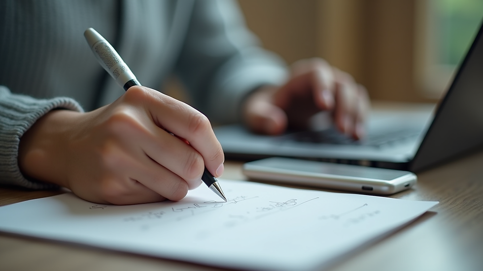 Close-up view of a student taking notes while studying online