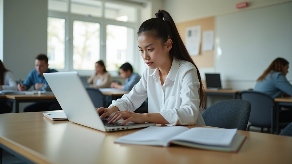 Eye-level view of a young person using a laptop in a bright study room