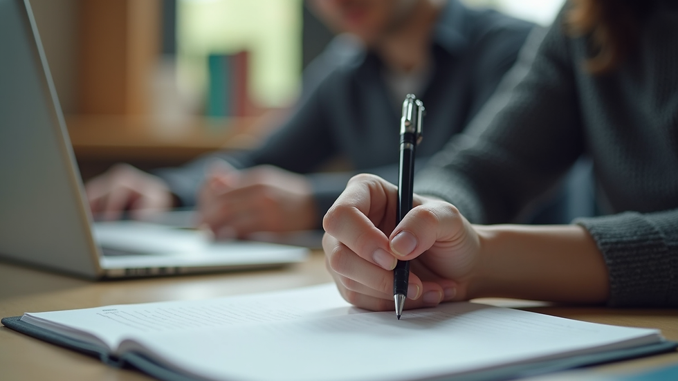 Close-up view of a student taking notes while studying online
