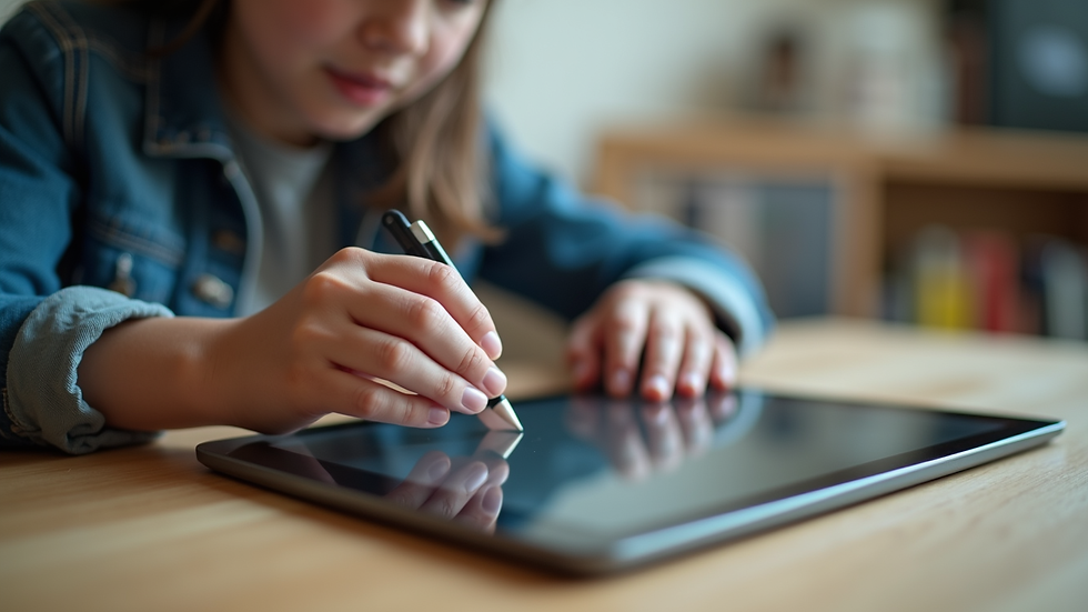 Close-up view of a young person using a tablet for online learning