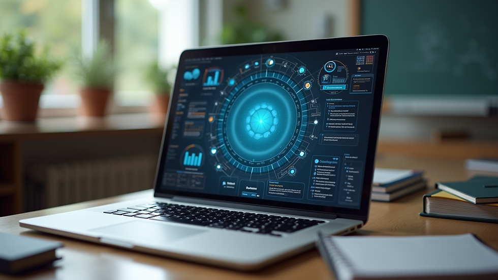 Close-up view of a teacher’s desk with AI-powered educational software on a laptop