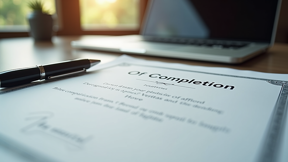 Close-up view of a certificate of completion on a desk