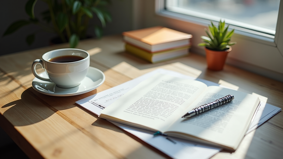 High angle view of a study desk with a coffee cup and study materials