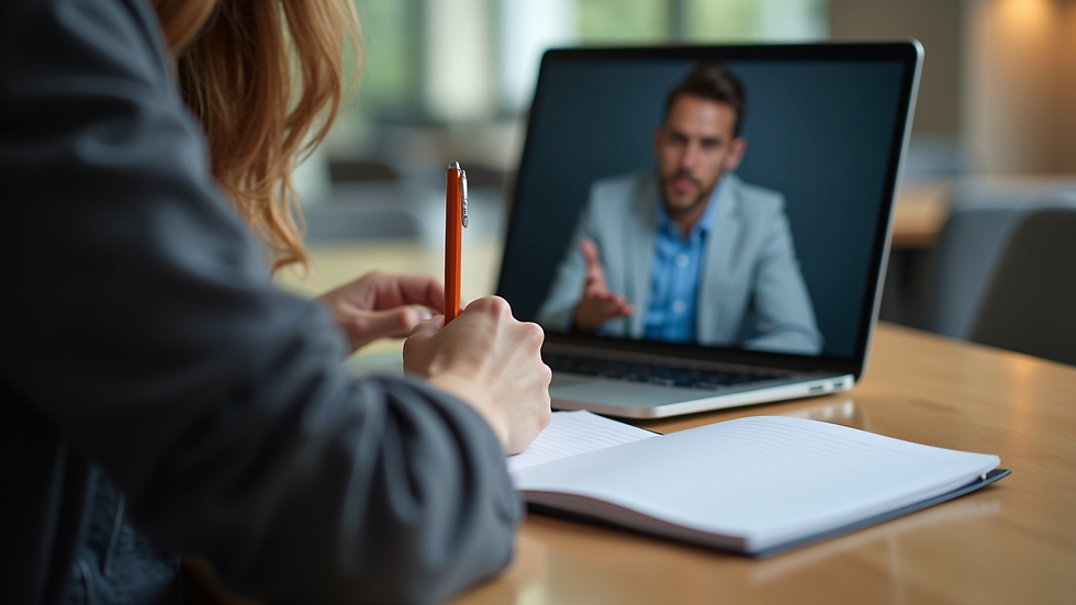 Close-up view of a student taking notes while watching an online course