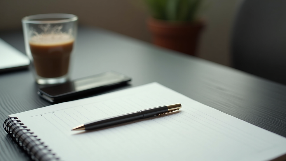 Close-up view of a workbook and pen on a desk with a cup of coffee