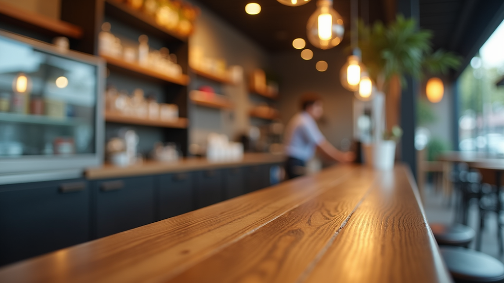 Eye-level view of a casual cafe counter ready for customers