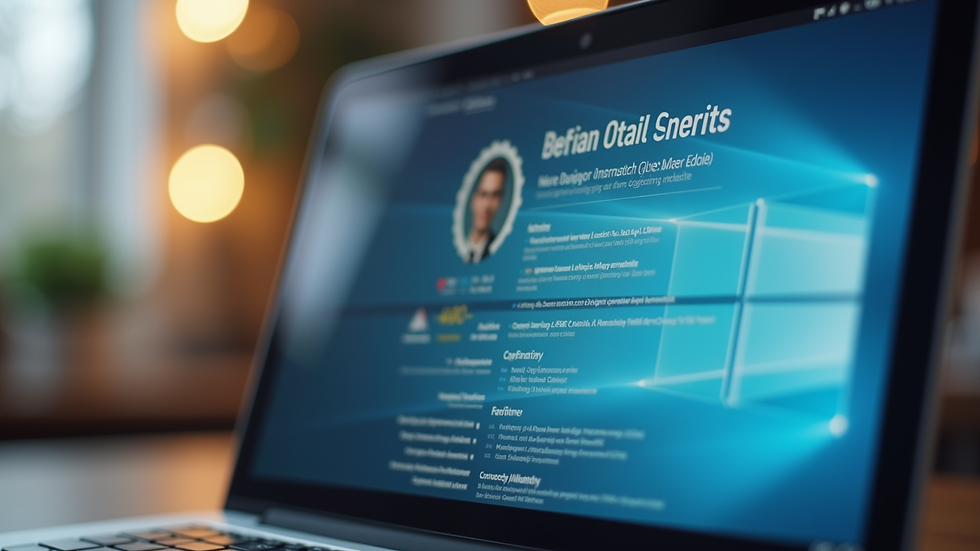 Close-up view of a laptop screen showing a digital badge on a resume