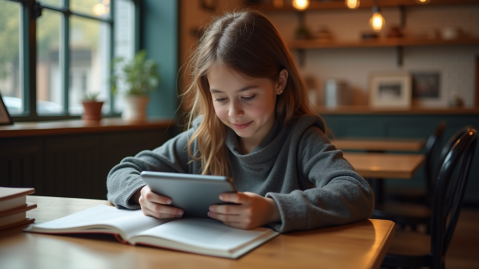High angle view of a young person studying on a tablet at a café