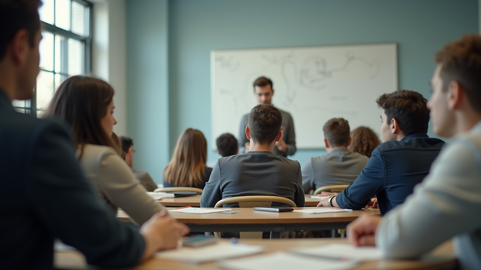 Eye-level view of a classroom with students engaged in a group discussion