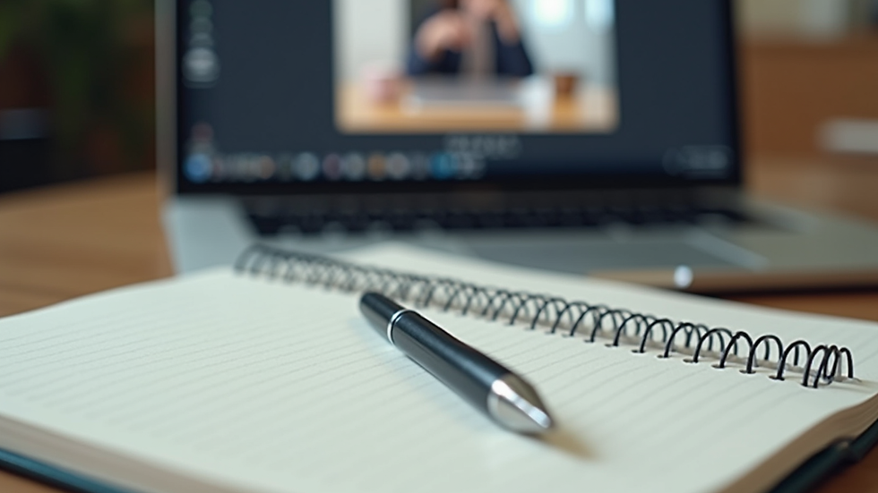 Close-up view of a notebook and pen next to a laptop with an online course open