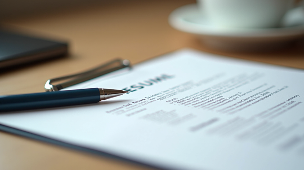 Close-up view of a resume and pen on a wooden desk
