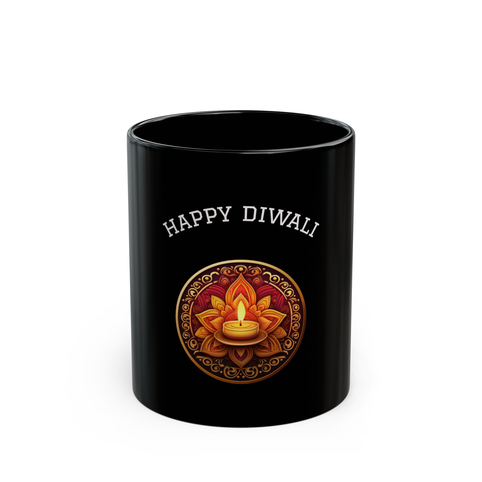 Festive Black Mug with Colorful Floral Design, Unique Coffee Cup for Diwali