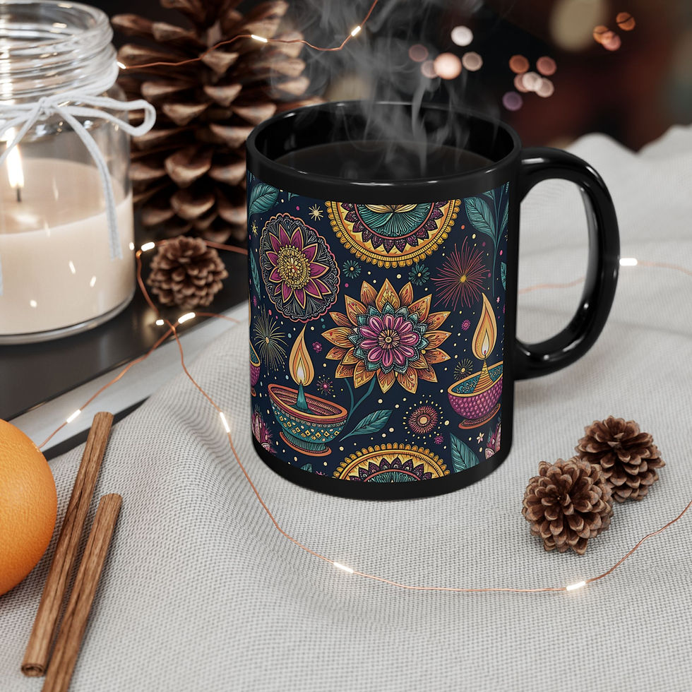 Thumbnail: Festive Black Mug with Colorful Floral Design, Unique Coffee Cup for Diwali
