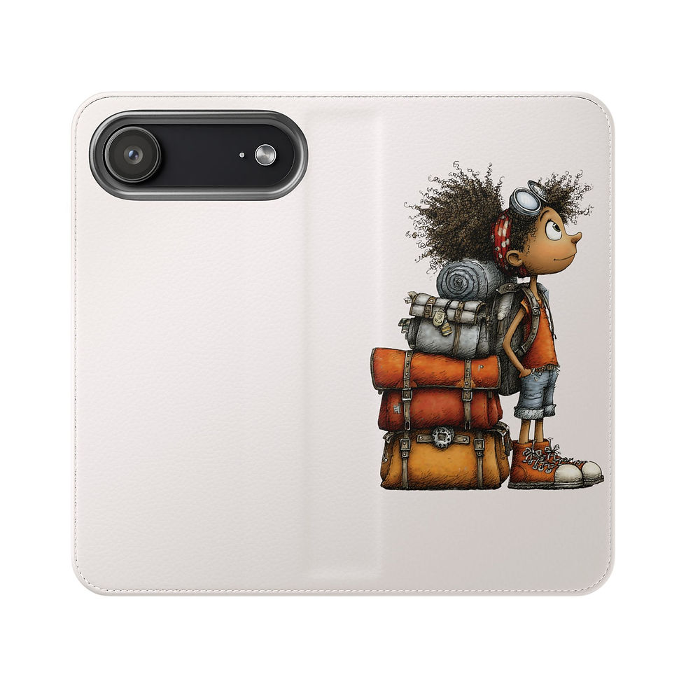 Thumbnail: Phone Flip Case — Cute Vintage Backpack Design, Card Slots