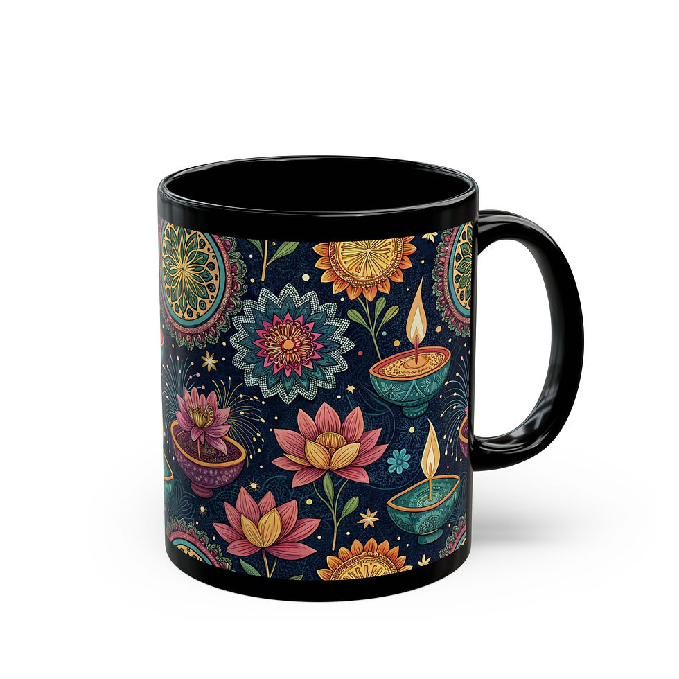 Thumbnail: Festive Black Mug with Colorful Floral Design, Unique Coffee Cup for Diwali