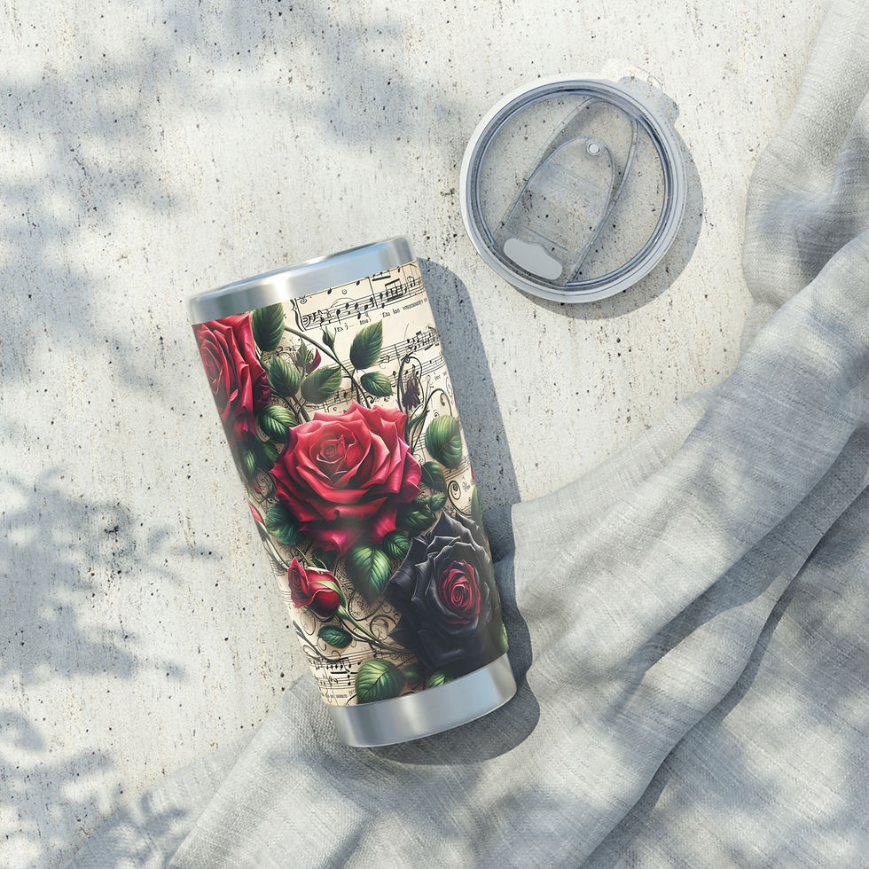 Thumbnail: Elegant Rose Music Sheet Tumbler — Boho Vagabond Insulated Travel Mug  20oz