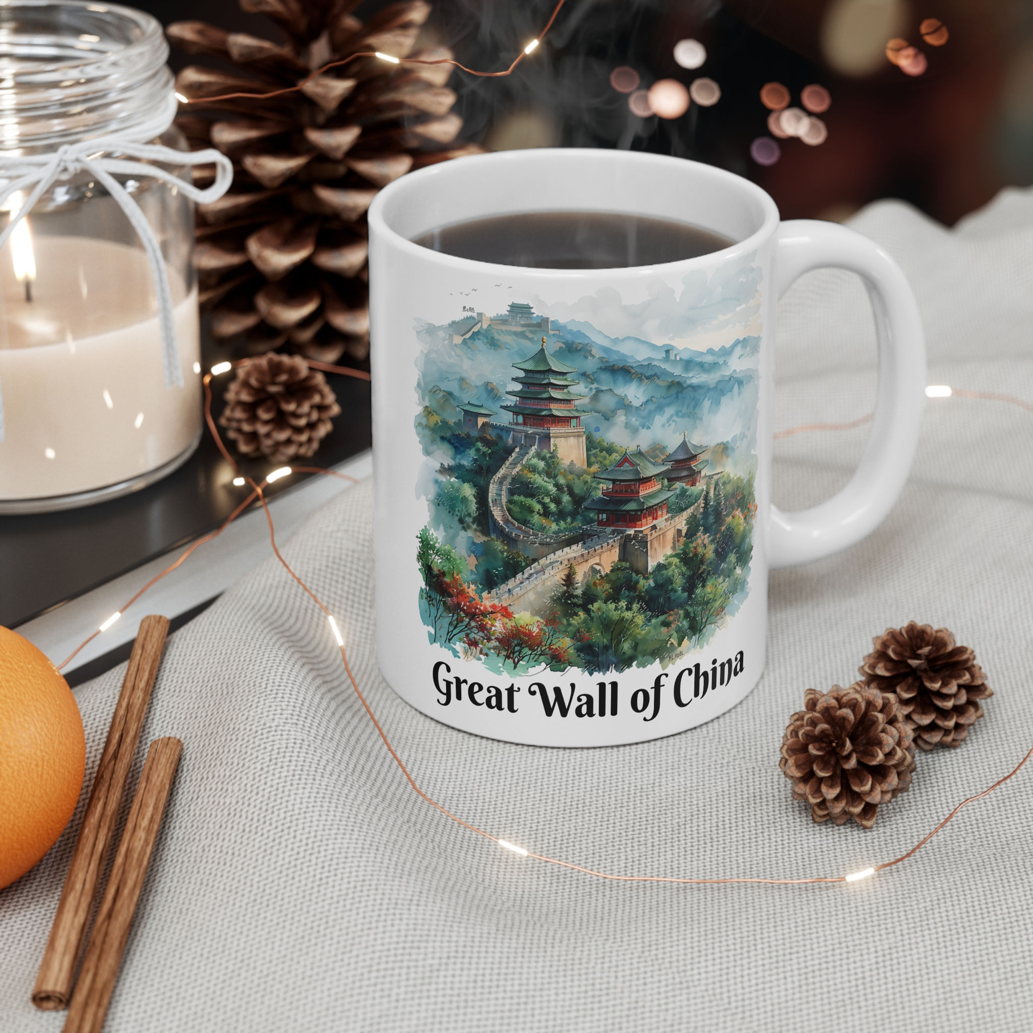 Great Wall of China Sketch Mug — Vintage Cityscape 11oz Travel Coffee Cup