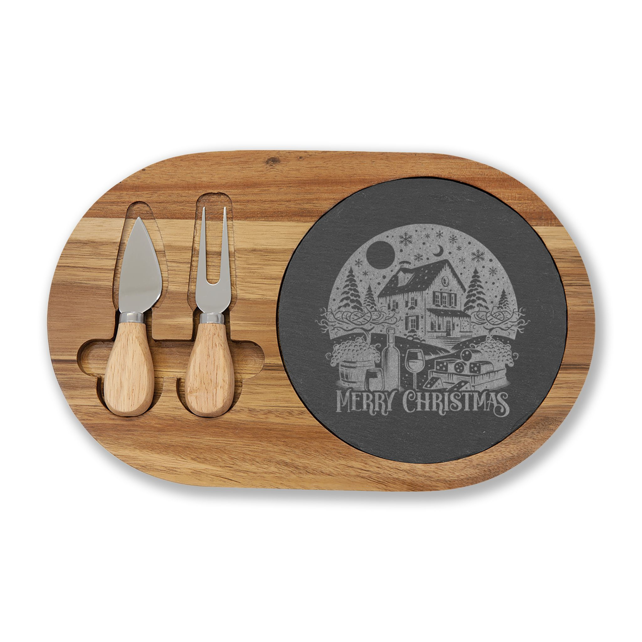 Engraved Acacia Charcuterie Board with Slate Inset —"Merry Christmas" Cheese Set