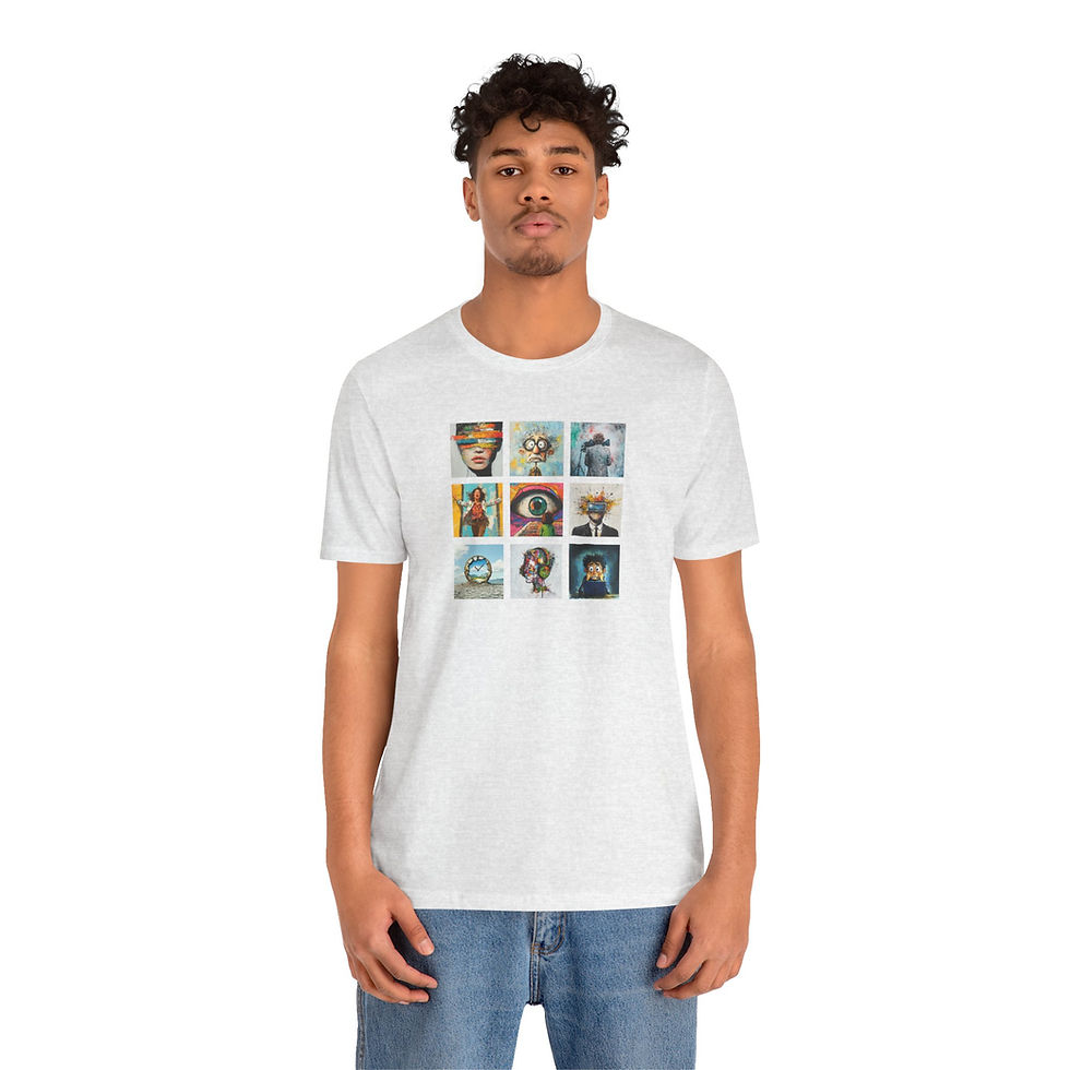 Thumbnail: Retro Pop Art Portraits T‑Shirt- 9 Square Colorful Character Prints, Graphic Tee