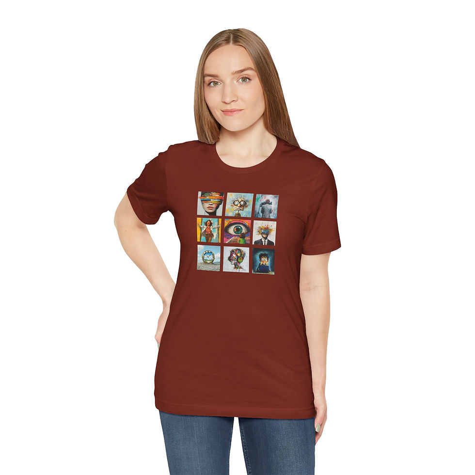 Thumbnail: Retro Pop Art Portraits T‑Shirt- 9 Square Colorful Character Prints, Graphic Tee