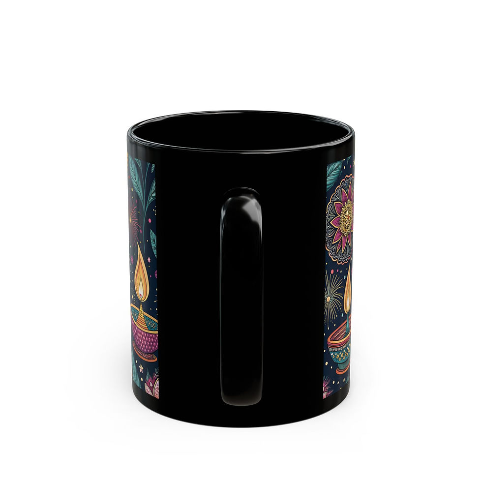 Thumbnail: Festive Black Mug with Colorful Floral Design, Unique Coffee Cup for Diwali