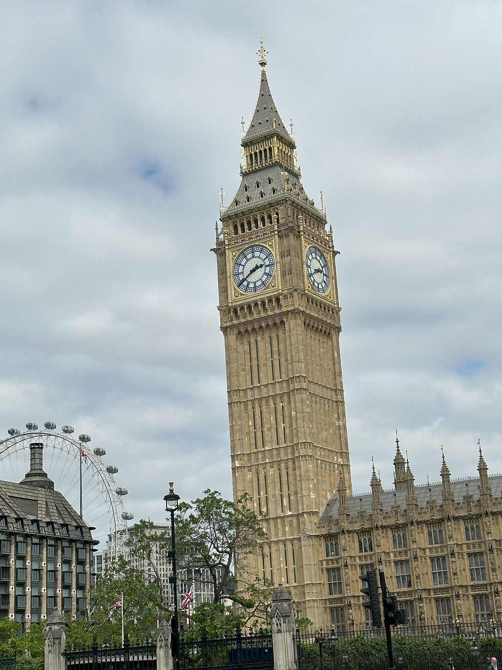 Big Ben and the London Eye under cloudy skies; British flags and Victorian architecture in the foreground, evoking historical grandeur.