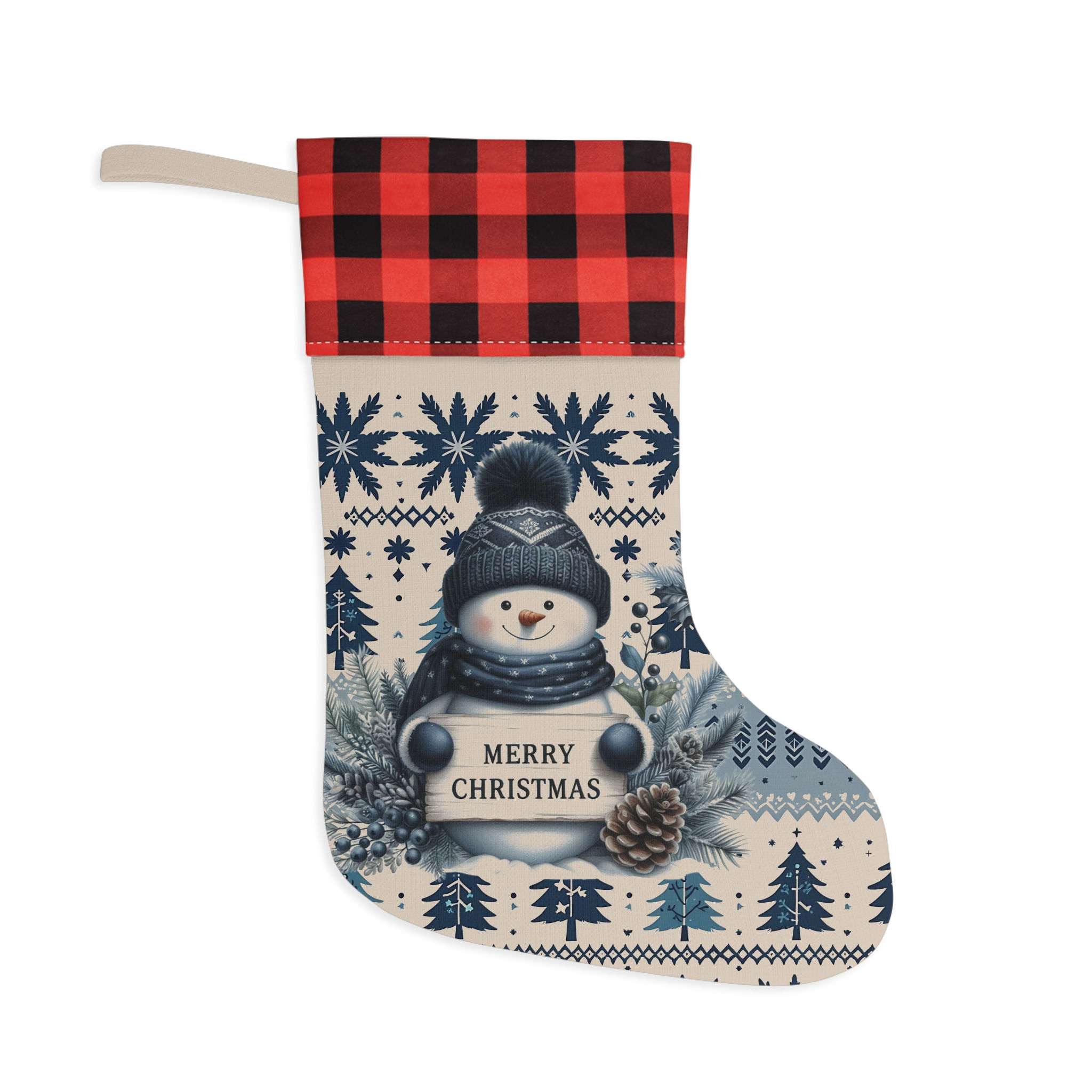 Santa Christmas Stocking – Beige Holiday Stocking with Cute Santa Design