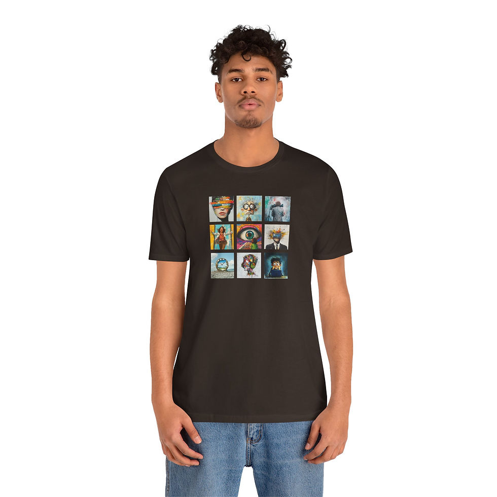 Thumbnail: Retro Pop Art Portraits T‑Shirt- 9 Square Colorful Character Prints, Graphic Tee