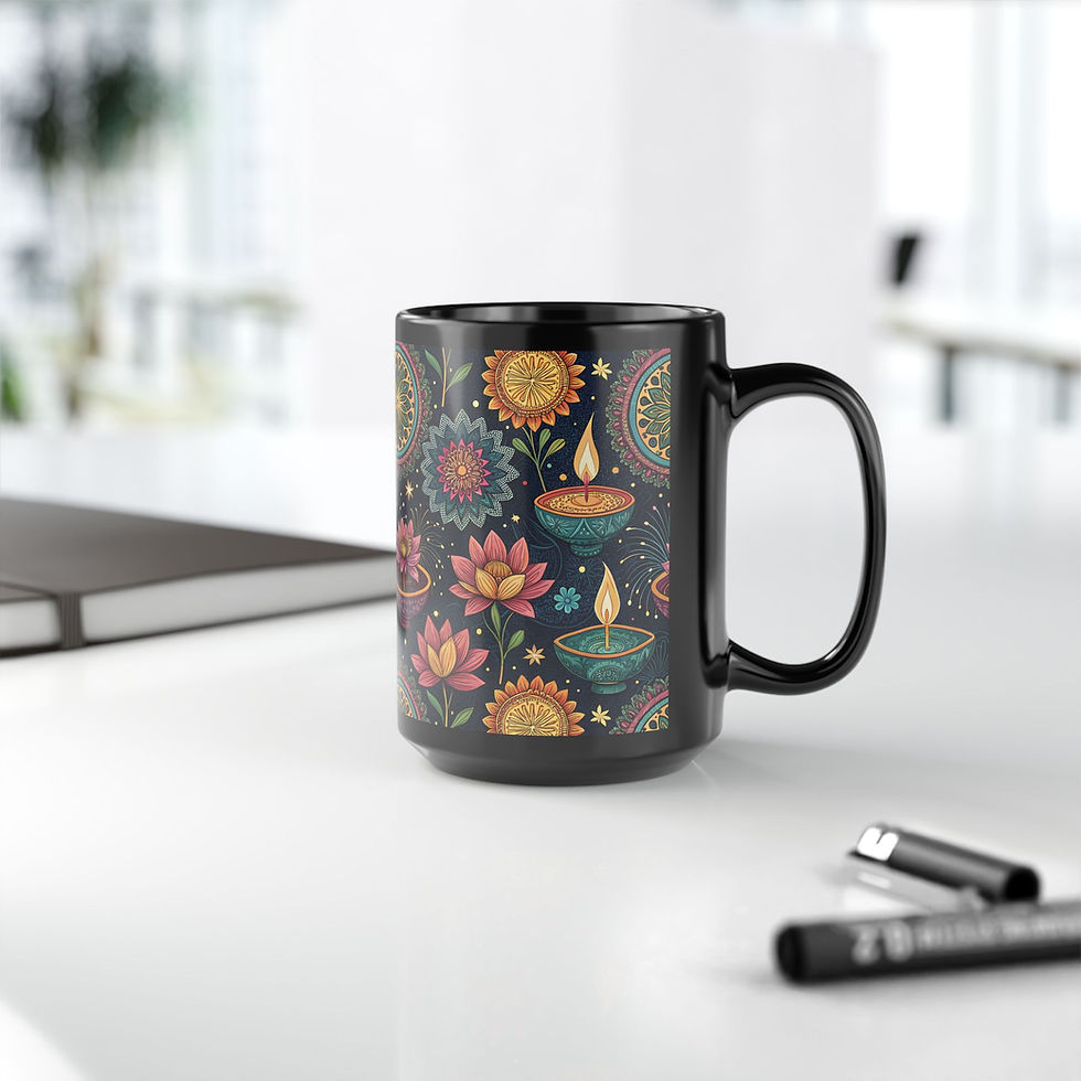 Thumbnail: Festive Black Mug with Colorful Floral Design, Unique Coffee Cup for Diwali