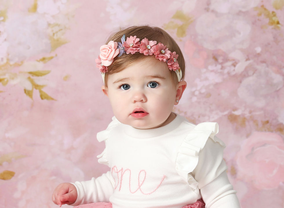Visual Concepts is a premier Long Island Children's photography studio. Located in Islip New York. Portrait of baby girl . Background is a vintage floral . Celebrating her first birthday with a cake smash session.