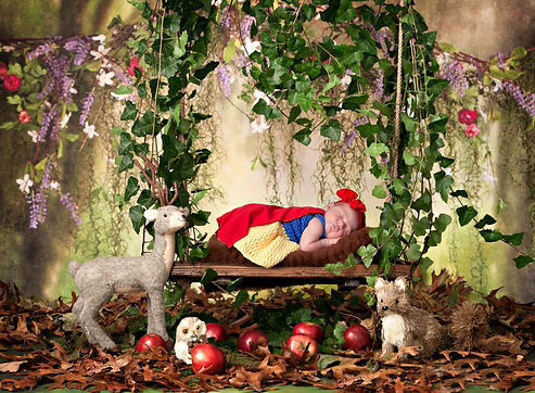 newborn baby girl dressed as snow white on a swing with deer an owl and fox with red apples